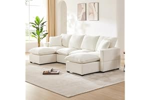 KIVENJAJA U-Shaped Modular Sectional Couch, Modern Chenille 4-Seater Cloud Sofa with 2 Ottomans & Pillows for Living Room Apartment Office, 110”W, White