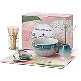 Matcha Tea Set, 8 Pcs Japanese Matcha Kit with Cherry Blossom and Wave Design Ceramic Bowl, Bamboo Whisk, Whisk Holder, Scoop, Sifter, Brush, Matcha Kit Set for Matcha Lovers (Blue Gradient)