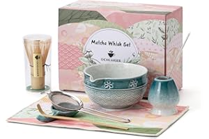 Matcha Tea Set, 8 Pcs Japanese Matcha Kit with Cherry Blossom and Wave Design Ceramic Bowl, Bamboo Whisk, Whisk Holder, Scoop