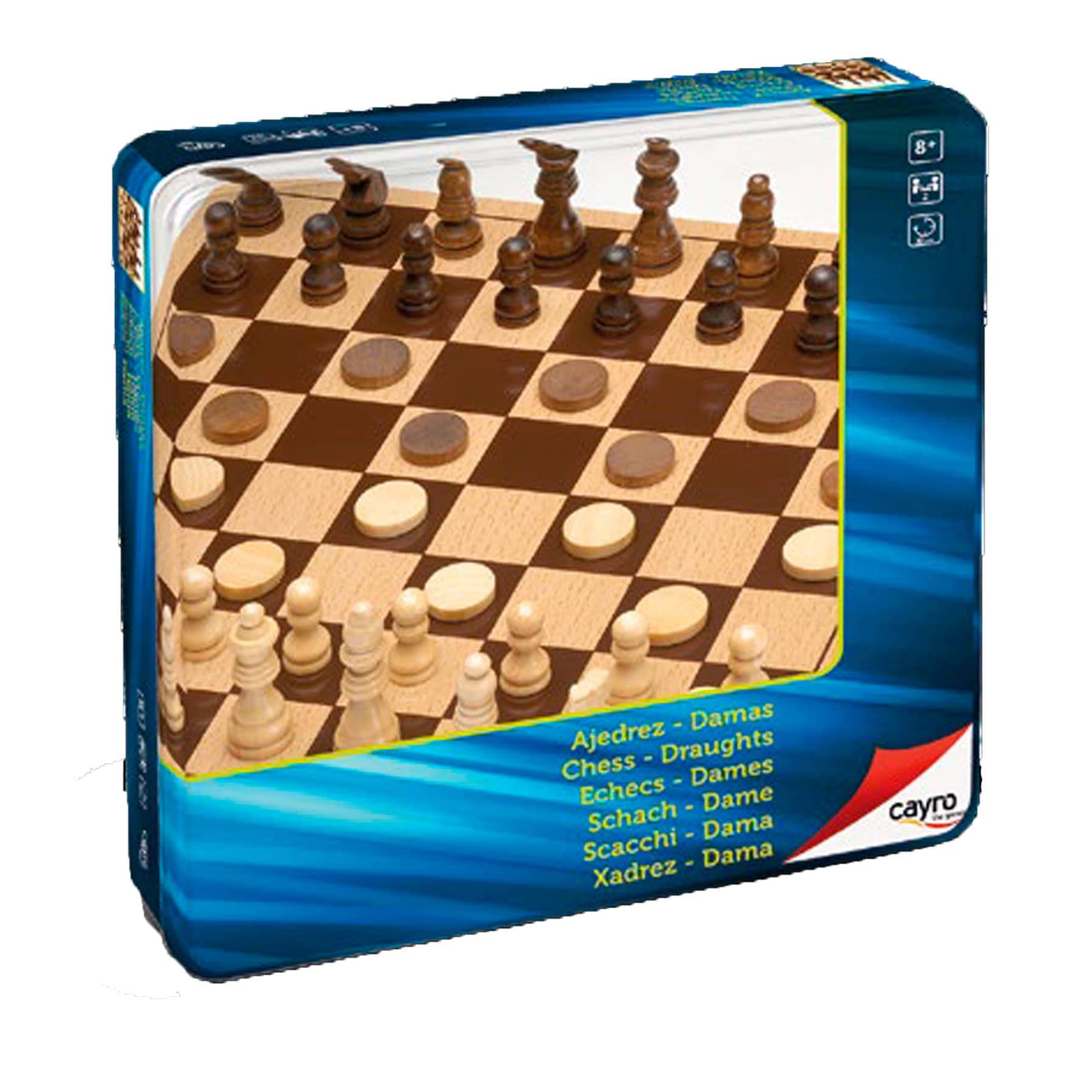 Cayro Wooden Chess-Checkers in Metal Box