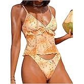 RoseSeek Women's 2 Piece Tankini Swimsuits Floral Ruffle Trim Camisole Bathing Suit Beachwear
