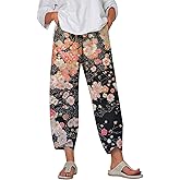 HOTYD Japanese Art Print Capri Pants for Women Elastic High Waist Cropped Pants Summer Casual Baggy Trousers with Pockets