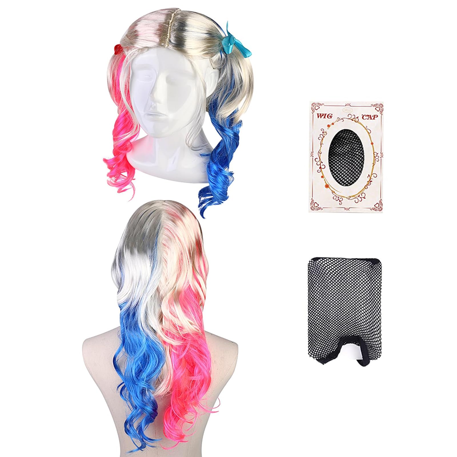 2Pcs Long Pink Blue Wigs for Women Curly Wavy Blonde, Blonde Ombre Pink Blue Three Tone Synthetic Wig Half Colorful Hair with Wig Cap Anime Cosplay Wigs for Halloween Christmas Party Carnival