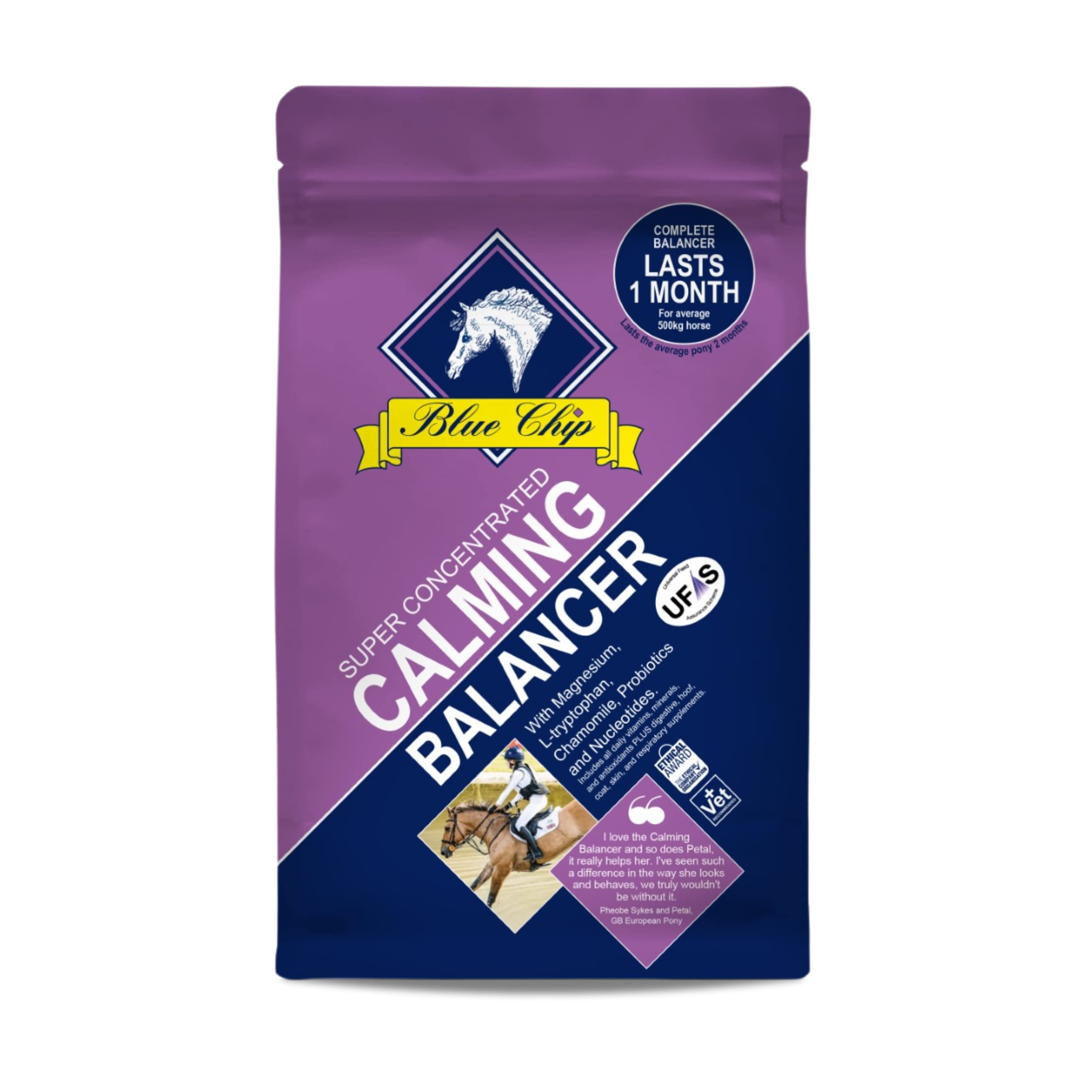 Blue Chip Calming Feed Balancer (Super Concentrated) 3kg. Complete & balanced horse feed for calming & to reduce stress with magnesium, chamomile & l-tryptophan, very low starch/sugar, molasses FREE!