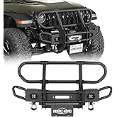 Hooke Road Front Bumper Grille Brush Guard for 2018-2026 Jeep Wrangler JL & Gladiator JT, Stubby Tube Bumper with Winch Plate, Bright Lights and D-rings