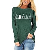 Scgirl Womens Long Sleeve Merry Christmas T-Shirts Casual Merry and Bright Graphic Tee Christmas Tree Tops