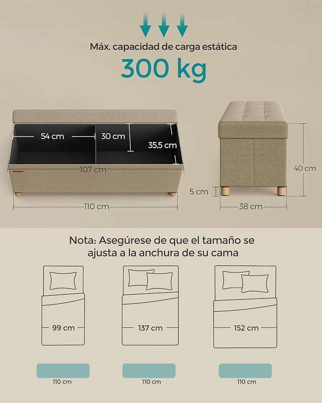 Puff Almacenaje, Baúl Plegable con Patas, 38 x 110 x 40 cm, Banco de Pie de Cama, Banco Almacenaje, Soporta hasta 300 kg, para Sala de Estar, Dormitorio, Entrada, Marrón Camello LSF018K11