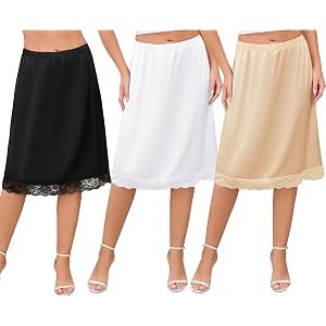 Sopesil 3 Pcs Women Half Slips for Under Dresses Lace Trim Underskirt Elastic Waist Knee Under Skirt