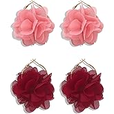 Bohemian Lightweight Big Fabric Flowers Dangle Earrings Handmade Charm Chic Petal Hoop Earrings Chiffon Floral Tassel Drop Earrings for Women Vacation Wedding Jewelry