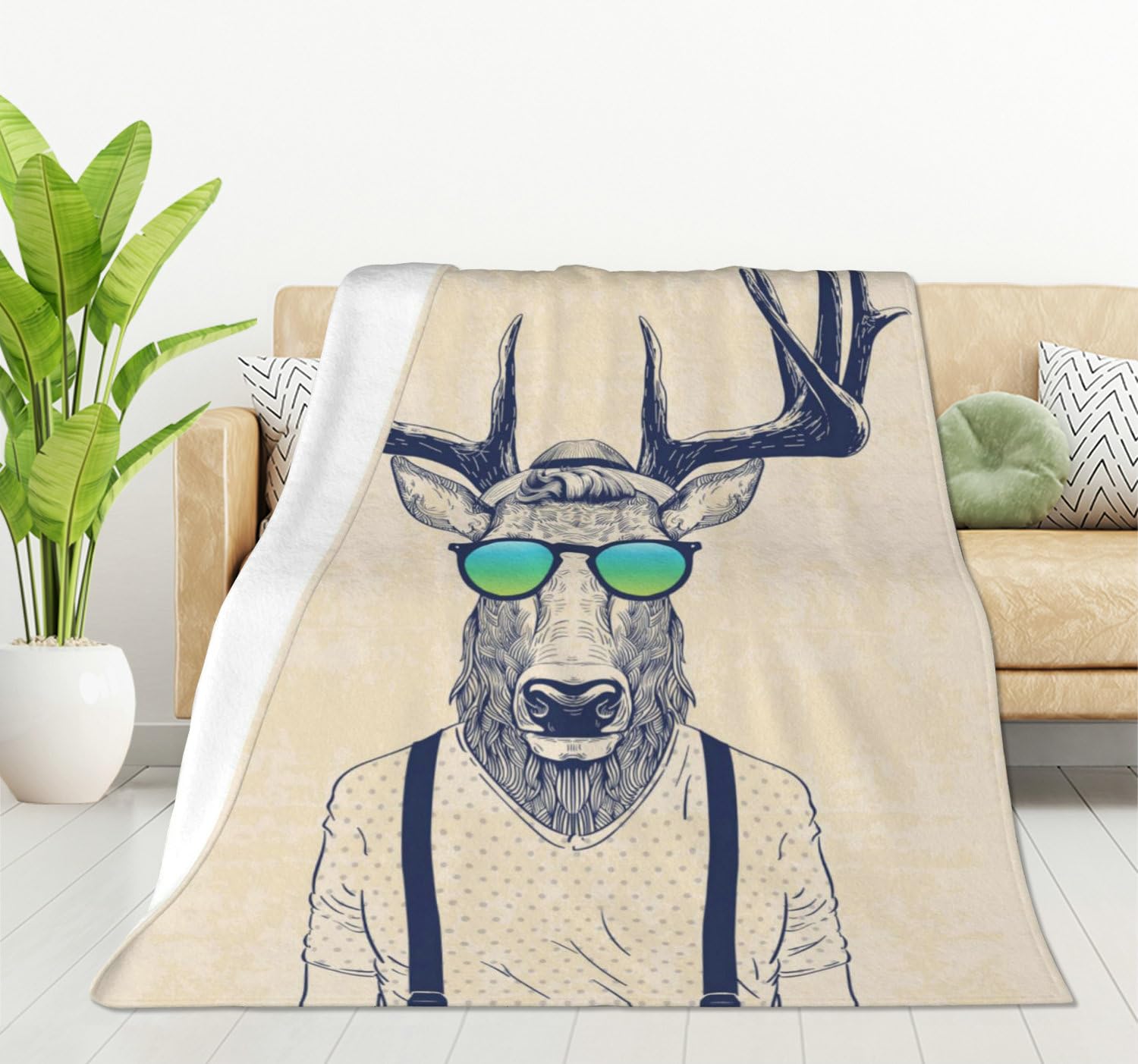 HGOD DESIGNS Deer Blanket Deer Dressed Up Like Cool Hipster Throw Blanket Deer Flannel Soft Warm Cozy Fuzzy 100x130cm Throw Blanket for for Women, Men