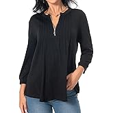 MOQIVGI Womens Trendy Casual 3/4 Sleeve Blouses Dressy Elegant Pleated Quarter Zip Up V Neck Tops