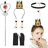 PLKDJDM 5Pcs Queen of Hearts Costume Accessories, Gold Crown Headband Red Heart Scepter Earrings Necklace Black Fiber Gloves Queen of Hearts Accessories for Halloween Birthday Party Dress Up