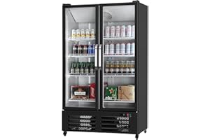 VEVOR Commercial Merchandiser Refrigerator, 26.69 CU.FT Double Glass Door Display Refrigerator, Beverage Refrigerator Cooler Merchandiser with 8 Adjustable Shelves, Casters, Soft LED Light, Black