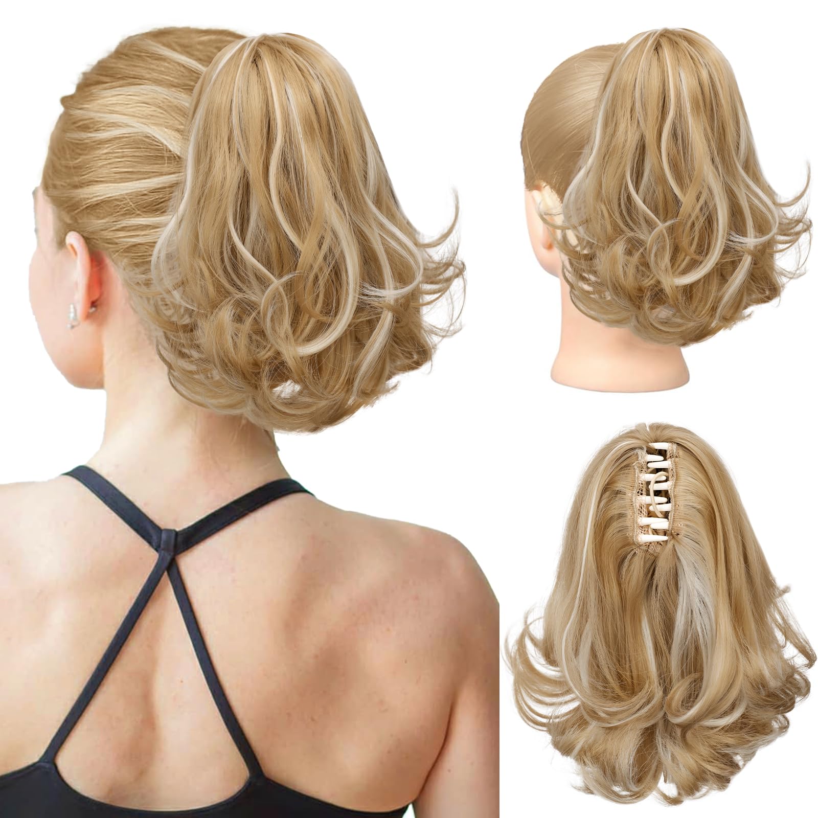 Photo 1 of KooKaStyle Ponytail Extension, 10" Short Claw Clip in Pony Tails Hair Extensions Curly Wavy Synthetic Drawstring Hairpieces for Women Honey Blonde with Ash Blonde Highlights