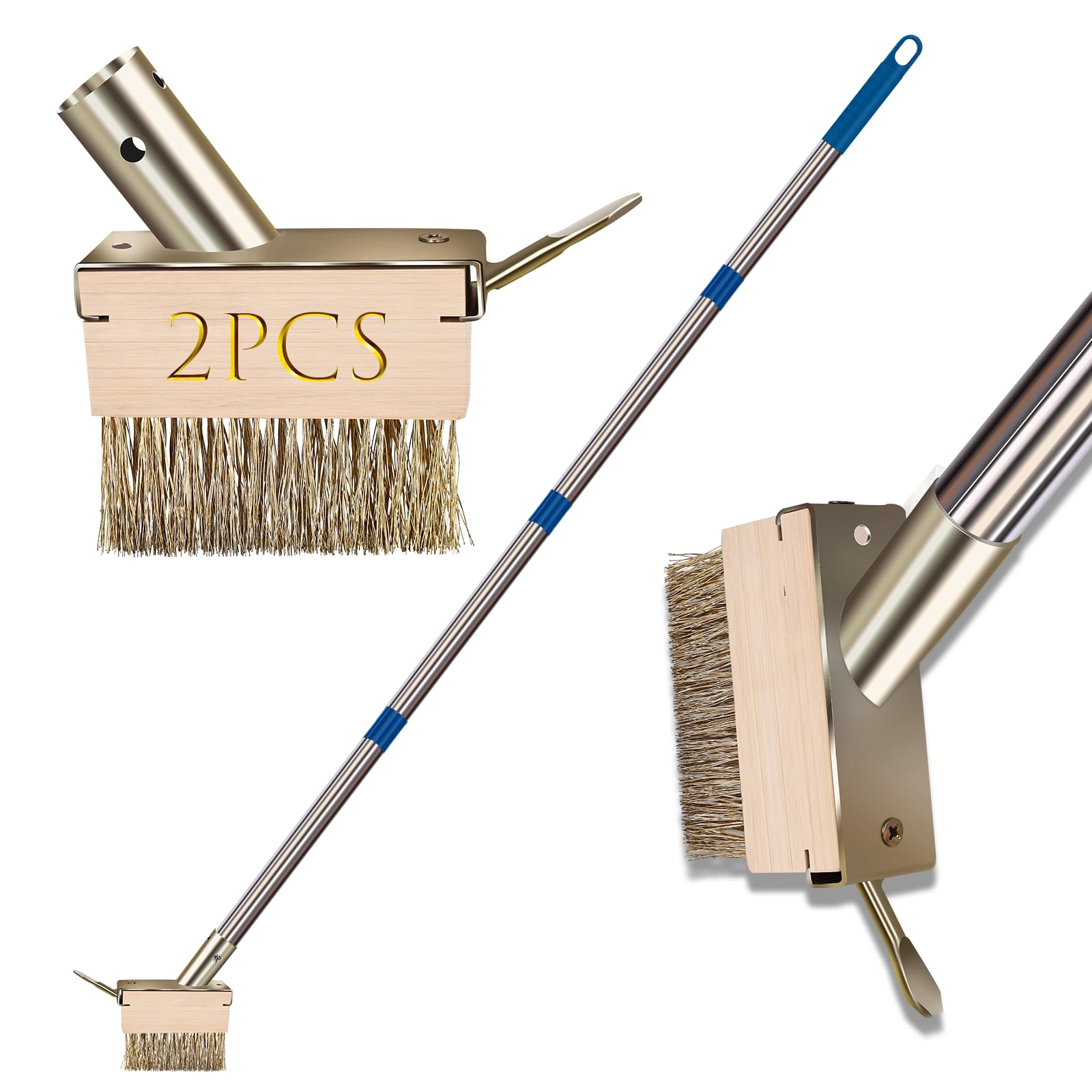 Photo 1 of GHWMYD Moss Grout Remover Brush Tool with Detachable 64.9Inch Handle for Outdoor Concrete Deck Pavers Patios Walkways Crevice Cleaning, 2 Pcs Metal Wire Brush Heads with Crack Scraper Weeder Puller