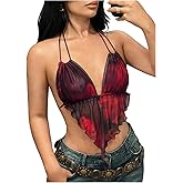 SweatyRocks Women's Y2k Mesh Halter Crop Tops Tie Backless Asymmetrical Ruffle Sexy Going Out Tops