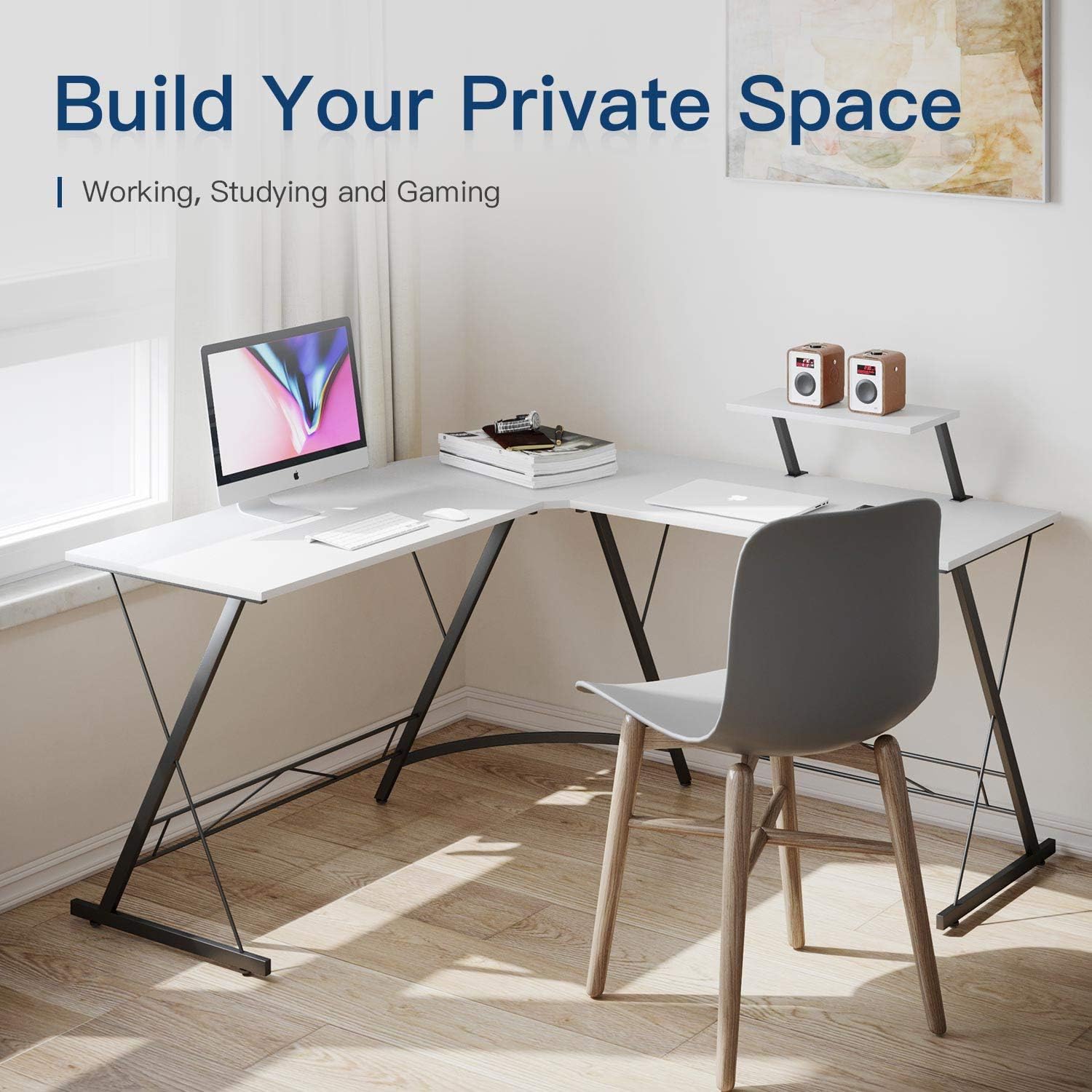 L Shaped Desk Home Office Desk with Round Corner Computer Desk with Large Monitor Stand Desk Workstation,White: Kitchen & Dining