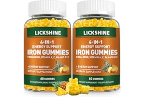 LICKSHINE 2 Pack Vegan 100MG Iron Supplement Gummies for Women & Men - with Vitamin C, A, B for Adults & Kids - Energy Support for Iron Deficiency, Anemia - Pineapple Flavor (120 Ct)