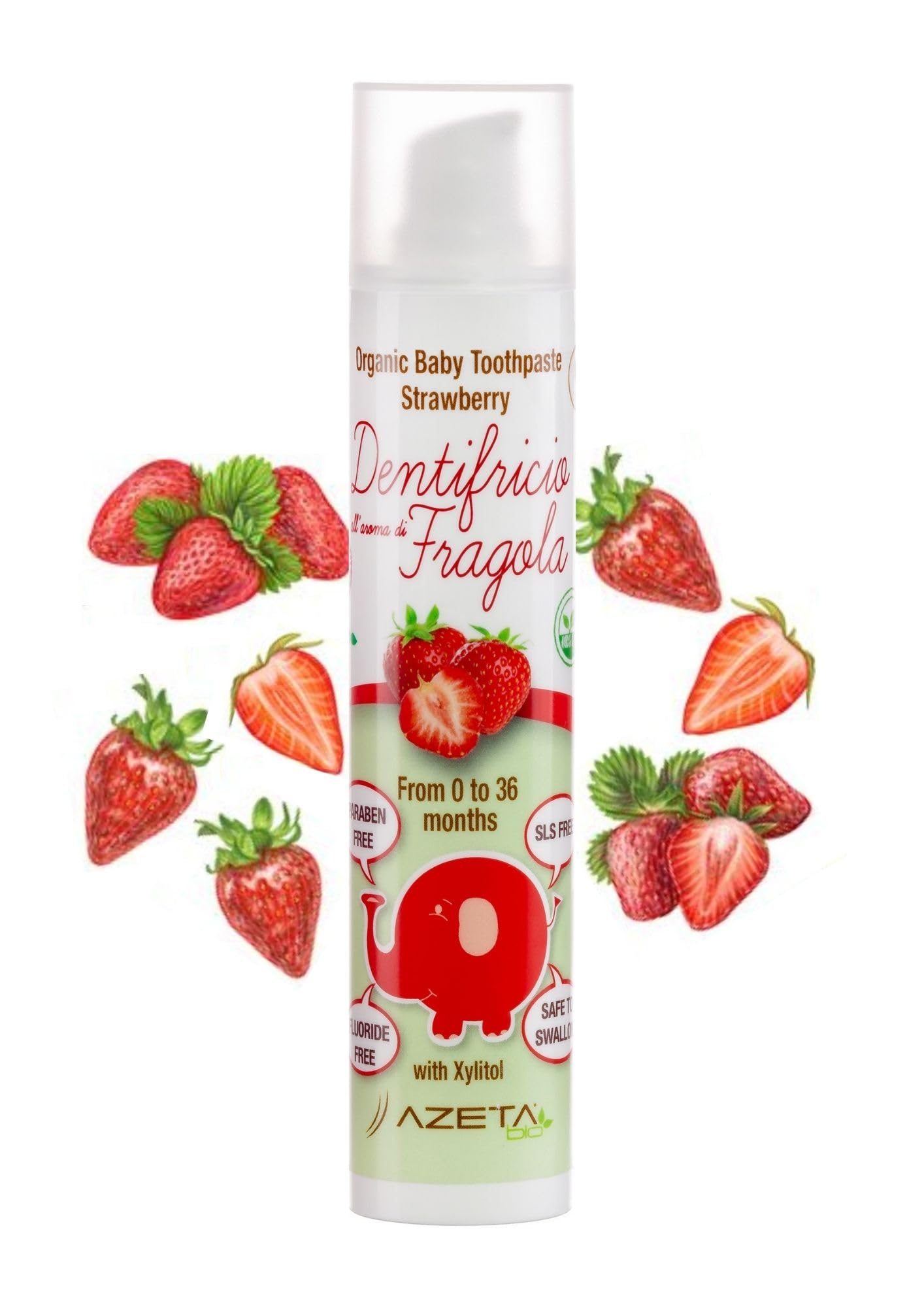 Strawberry Flavoured Children’s Toothpaste Organic Vegan 0 to 36, SLS and Paraben Free, Azeta Bio 50ml (Strawberry)