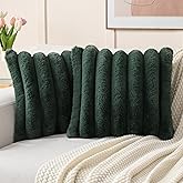 FUTEI Dark Green Decorative Throw Pillow Covers 18x18 Inch Set of 2, Square Soft Faux Rabbit Fur Thick Striped Cushion Cover,Winter Home Decor for Couch Bed Living Room