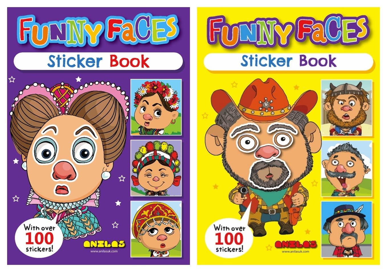 Anilas Set of 2 Funny Faces Sticker Book & Colouring Activity Book, Themes Include Unicorns, Dinosaurs, Pirates, Space, Princess, Mermaid, Knights, Diggers, Ideal for Children Aged 3-8(Funny Faces)