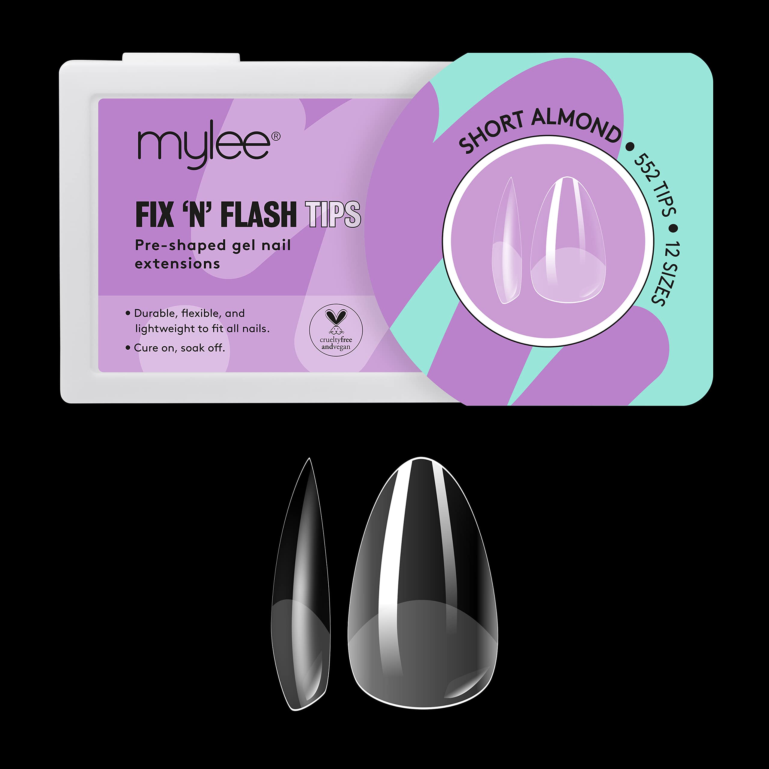 Mylee Fix N Flash Soft Gel Tips - Short Almond - 552 PCS, Full Cover Soft Gel Nail Tips, Nail Art Extensions, Flexible & Resistant, 12 Different Sizes, Fit All Nails — image 1