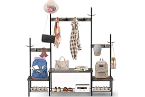 PABRONI Parent-Child Hall Tree Entryway Bench with Coat Rack Sturdy Shoe Rack Storage, 3-in-1 Functional Hall Tree Industrial Rustic Wood Metal Furniture for Entrance (1+2 Rustic Pine + Black)