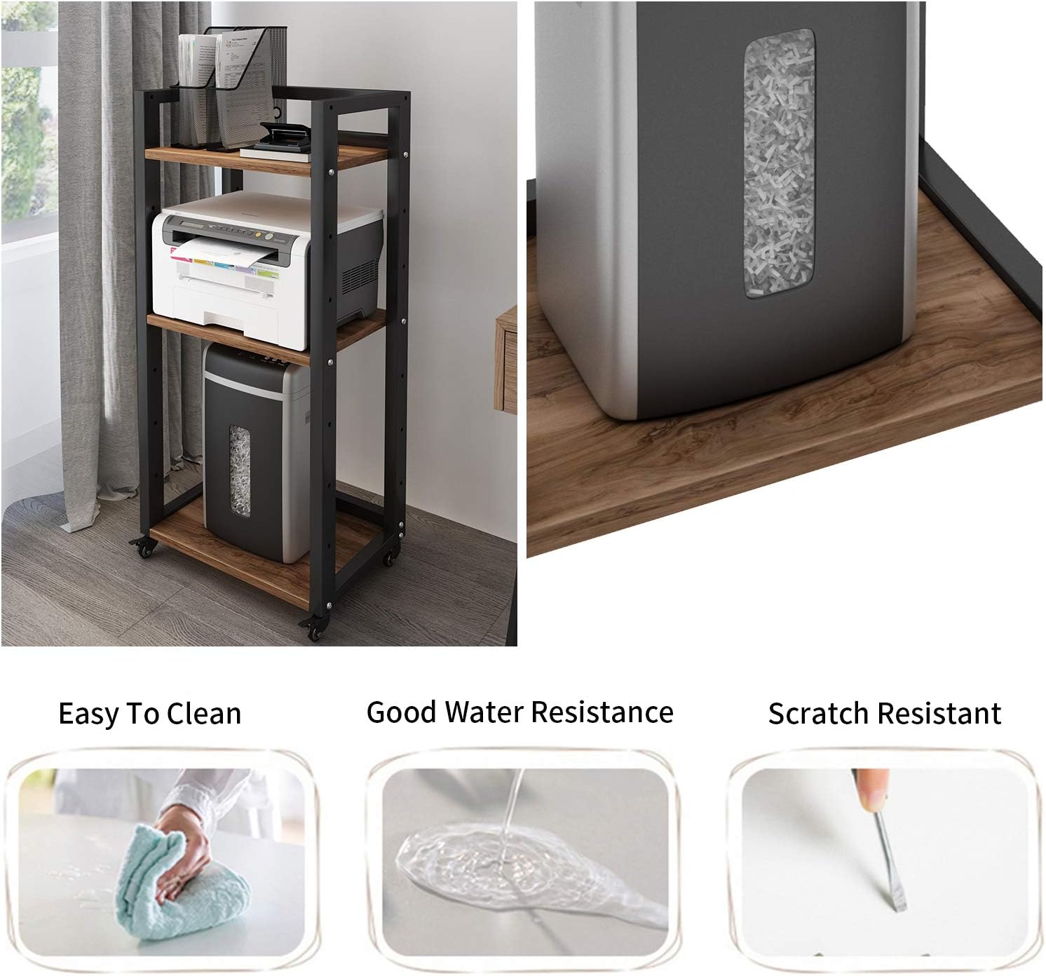 Natwind 3-Tier Movable Floor-Standing Printer Stand Shredder Stand Adjustable Storage Rack with Wheels Computer Host Stand Office Appliances Storage Shelf for Fax Scanner Files Books Stationery(Retro) : Office Products