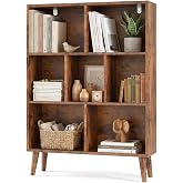 DUMOS Cube Bookshelf 3 Tier, Wooden Bookcase with Legs Storage Organizer | Retro Wood Cube Book Shelf, Freestanding Open Display Book Shelves for Bedroom,Living Room,Office, Brown