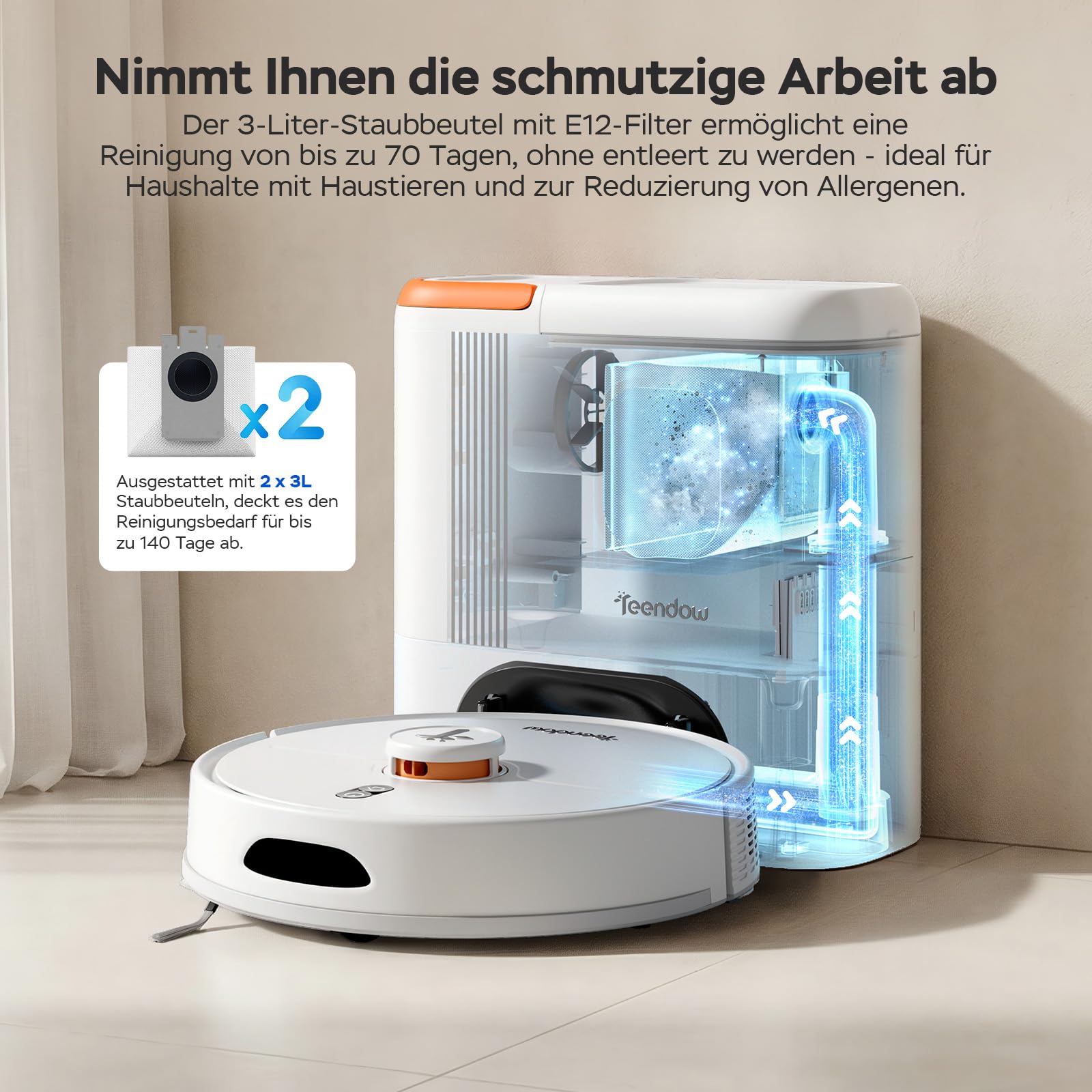 Teendow D20S Max+ Saugroboter mit Wischfunktion, 8000 Pa, 3L Saugroboter mit Absaugstation und Tierpflege-Zubehör, LiDAR-Navigation, App und Sprachsteuerung, Hartböden & Teppiche, Ideal für Tierhaare 6