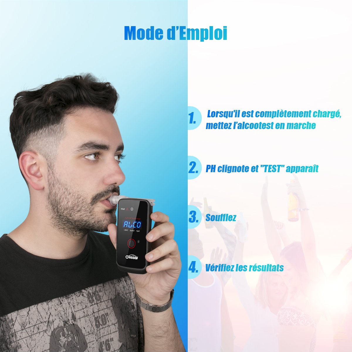 oasser Ethylotest Electronique Alcootest Professionnel à Capteur Electrochimique Testeur d\'alcool à Ecran LED d\'Affichage Numérique avec 4 Embouts (T3-Alcootest)