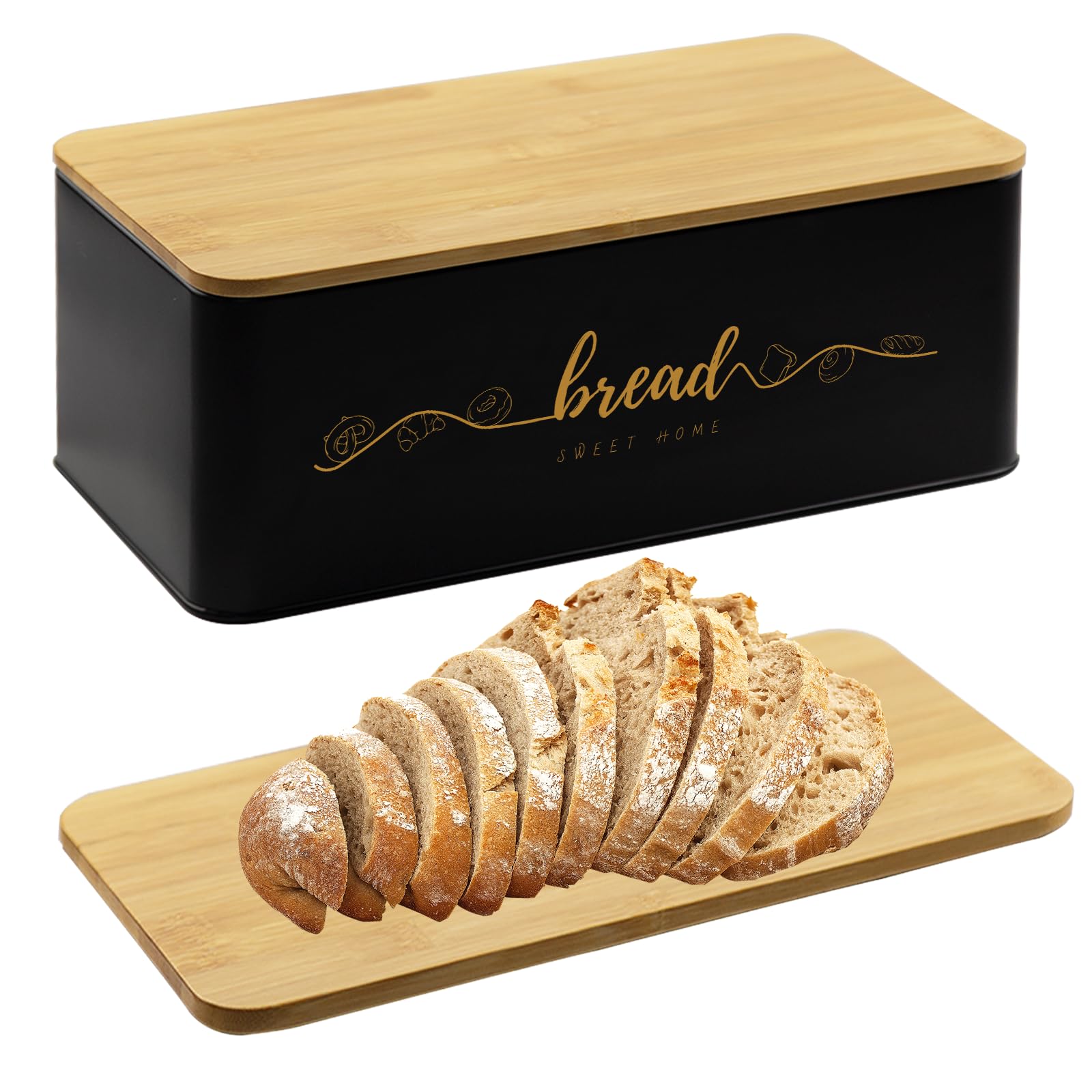Photo 1 of Holismo Bread Box with Bamboo Cutting Board Lid, Metal Bread Box for Kitchen Counter, Small Bread Storage Container, Black Bread bin for Kitchen Countertop