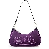 Von Dutch Purse Shoulder Bag, Velvet Handbag Rhinestone Logo and Silver Chain with Wrench