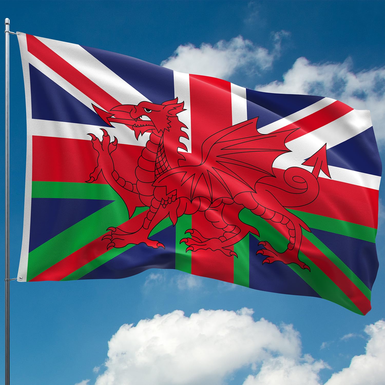 Welsh Flag with Union Jack - Wales Flag - Wales Dragon - Double-sided Digital Print - 110Den Thick polyester - Double Seam - 2 brass eyelets, large 5ft x 3ft