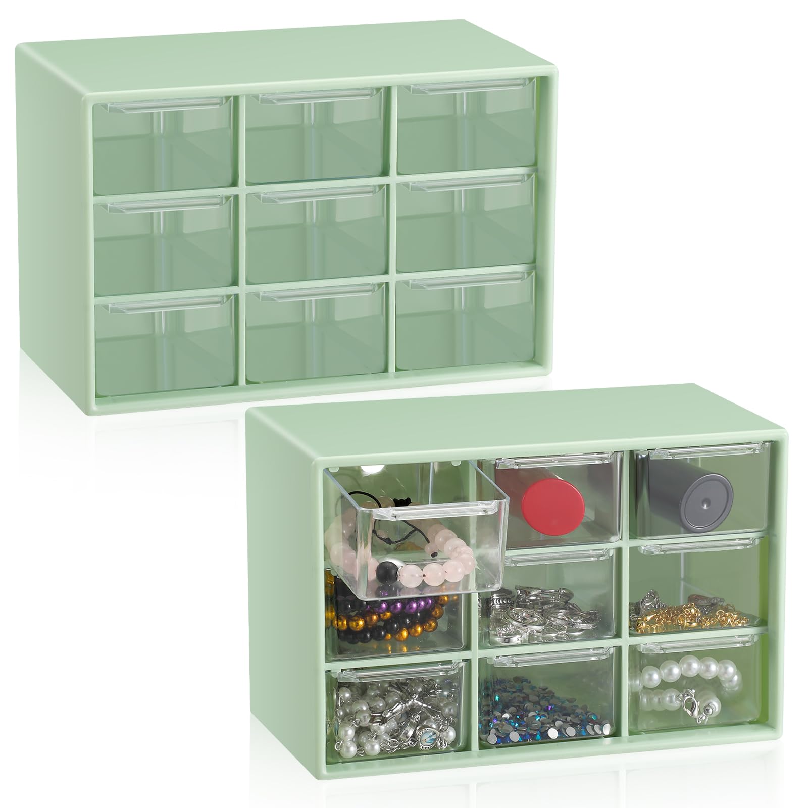 Photo 1 of Wenqik 2 Pcs Mini Storage Drawers Teacher Toolbox Organizer with 9 Clear Drawers Small Plastic Desktop Teacher Desk Craft Organizer for Classroom Office 7" x 3. 9" x 4. 7"(Green)