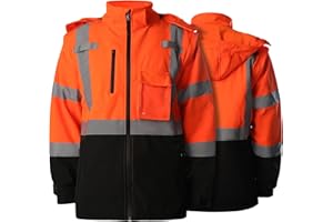 SHORFUNE High Visibility Softshell Waterproof Safety Jacket for Men, Class 3 Reflective Work Jackets with Pockets, Detachable Hood and Sleeves &Black Bottom, XXL, Orange