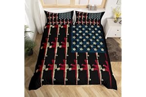 EROSEBRIDAL American Flag Comforter Cover Queen,Vintage Soldier Guns Bedding Set Military Usa National Flag Duvet Cover Shooting Weapon Quilt Cover Retro Army Weapons Stars and Stripes Theme Room Decor