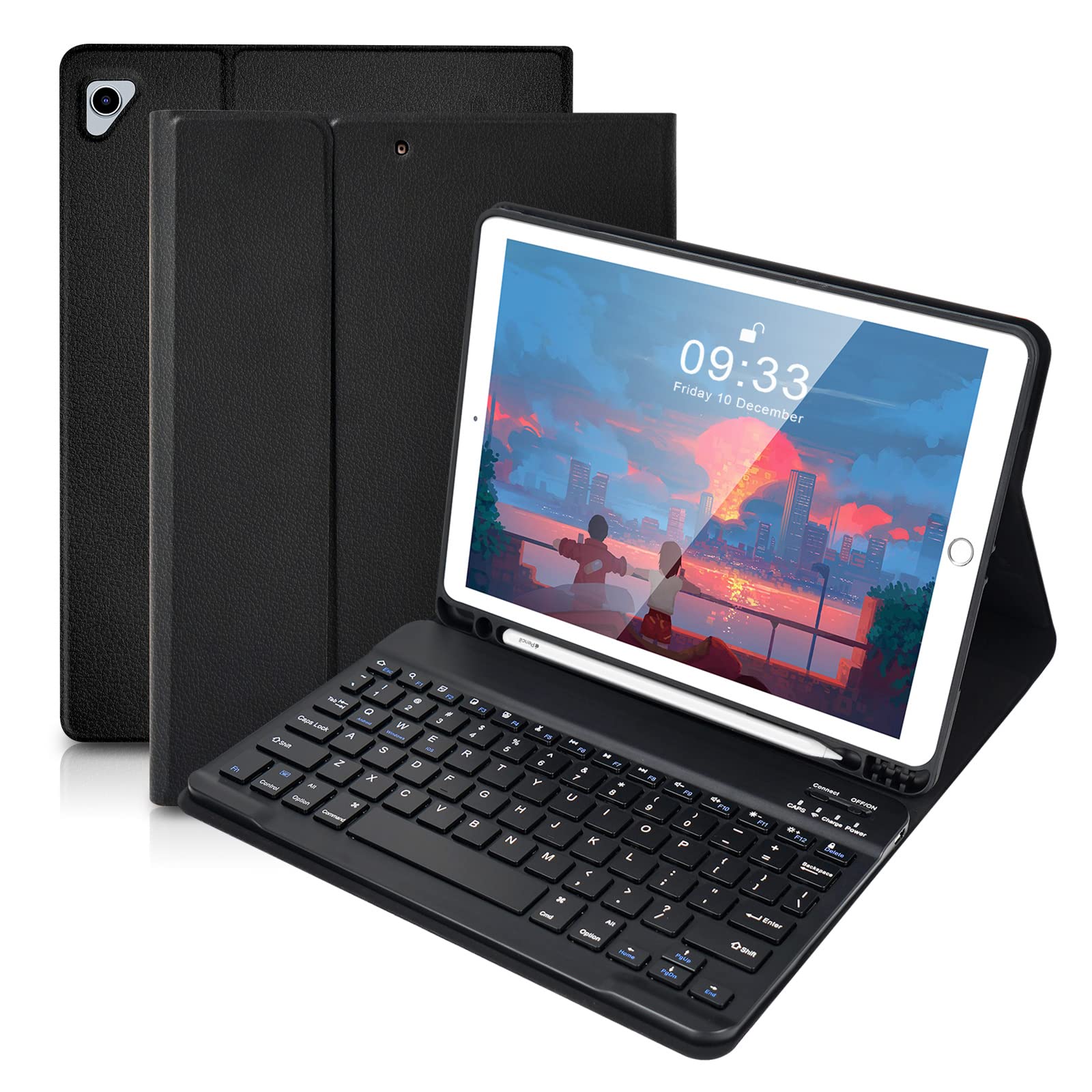 SOPPY Bluetooth Keyboard Case for iPad 6th/5th Gen (2017-2018), iPad Pro 9.7, iPad Air 1-2, Detachable Wireless Keyboard with Pencil Holder, Slim Protective Cover, USB-C Rechargeable, Black