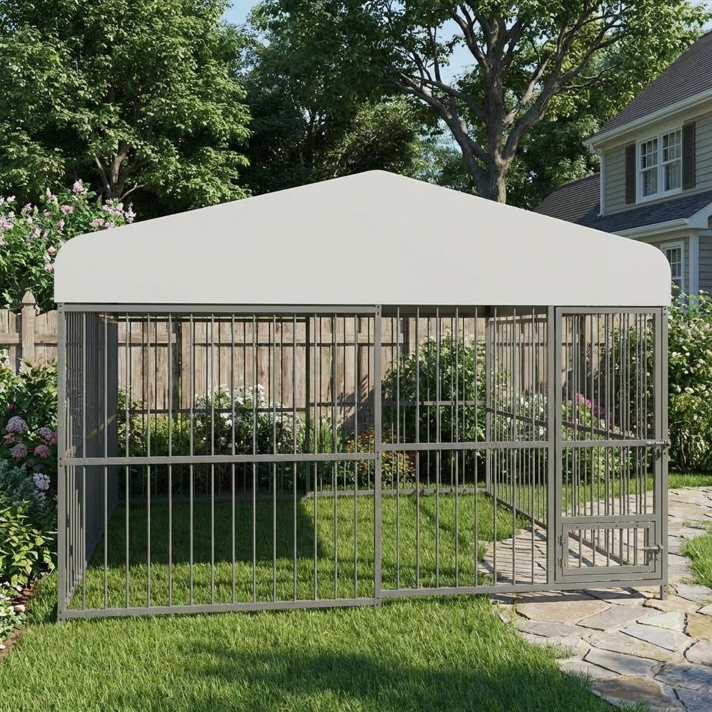 Photo 1 of ** SOLD AS IS NO REFUND/RETURN** SEE COMMENTS 10 x 10FT Large Dog Kennel, Heavy Duty Metal Outdoor Dog Kennel, Outside Dog Playpen with Roof & Feeding Door