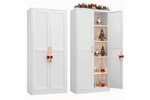 SteeLoong Kitchen Pantry Cabinet,71”White Metal Pantry Storage Cabinet with Doors and 4 Adjustable Shelves,Kitchen Cabinet with 2 Gold Handles,Tall Cabinet for Livingroom,Pantry, Bathroom,Kitchen