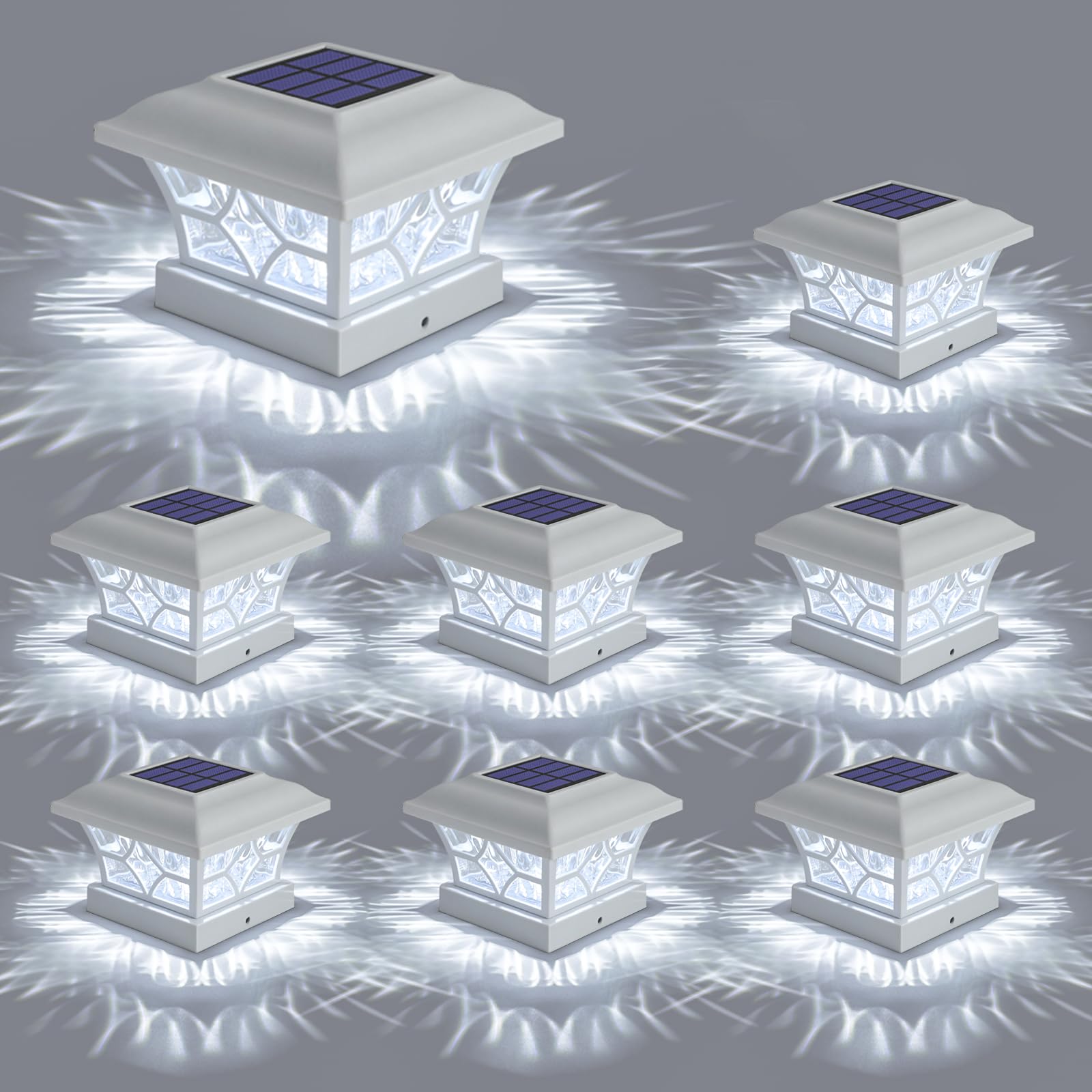 Photo 1 of APONUO Solar Post Cap Lights, 4x4 Post Solar Lights 2 Modes 1000mAh,Solar Post Cap Lights Outdoor Waterproof Fence Deck Decor for Post 4x4 & 6x6 Wood/5x5 Vinyl,White,8 Pack