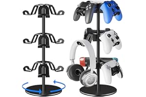 ANSHAWTIY Aluminum Alloy Controller Holder 3 Layers,360 Degree Rotation Tier,Gaming Controller Stand for Xbox PS5 PS4 Switch,Headphone Stand,Headset Holder & Desk Mounts for 9 Packs Controller