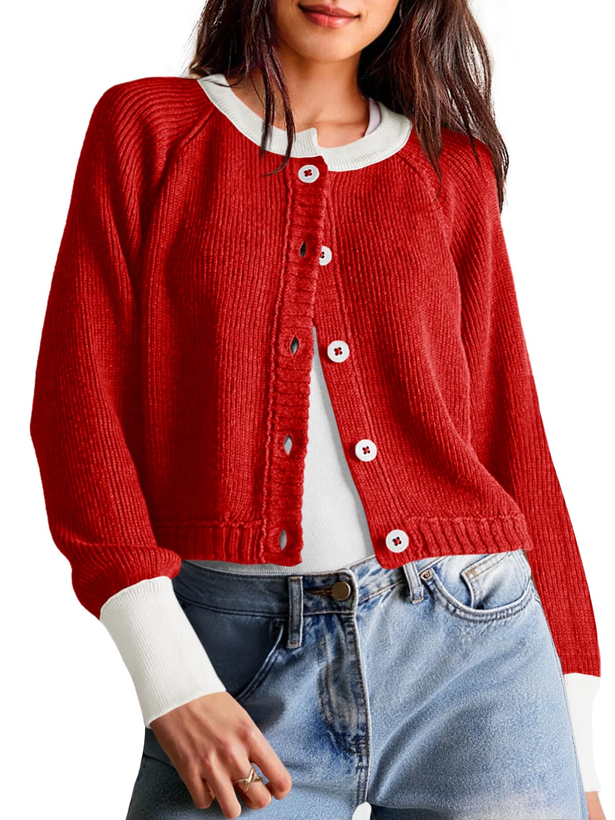 Photo 1 of Saodimallsu Womens Cropped Cardigan Sweaters Button Down Open Front Long Sleeve Fall Trendy Color Block Knit Coats Red