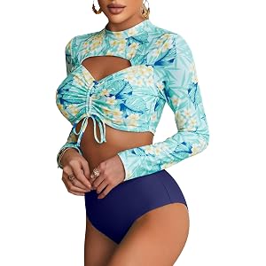 Long Sleeve Swimsuit Women Rashguard Swimsuit for Women Two Piece Rash Guard Crop Swim Tops Green