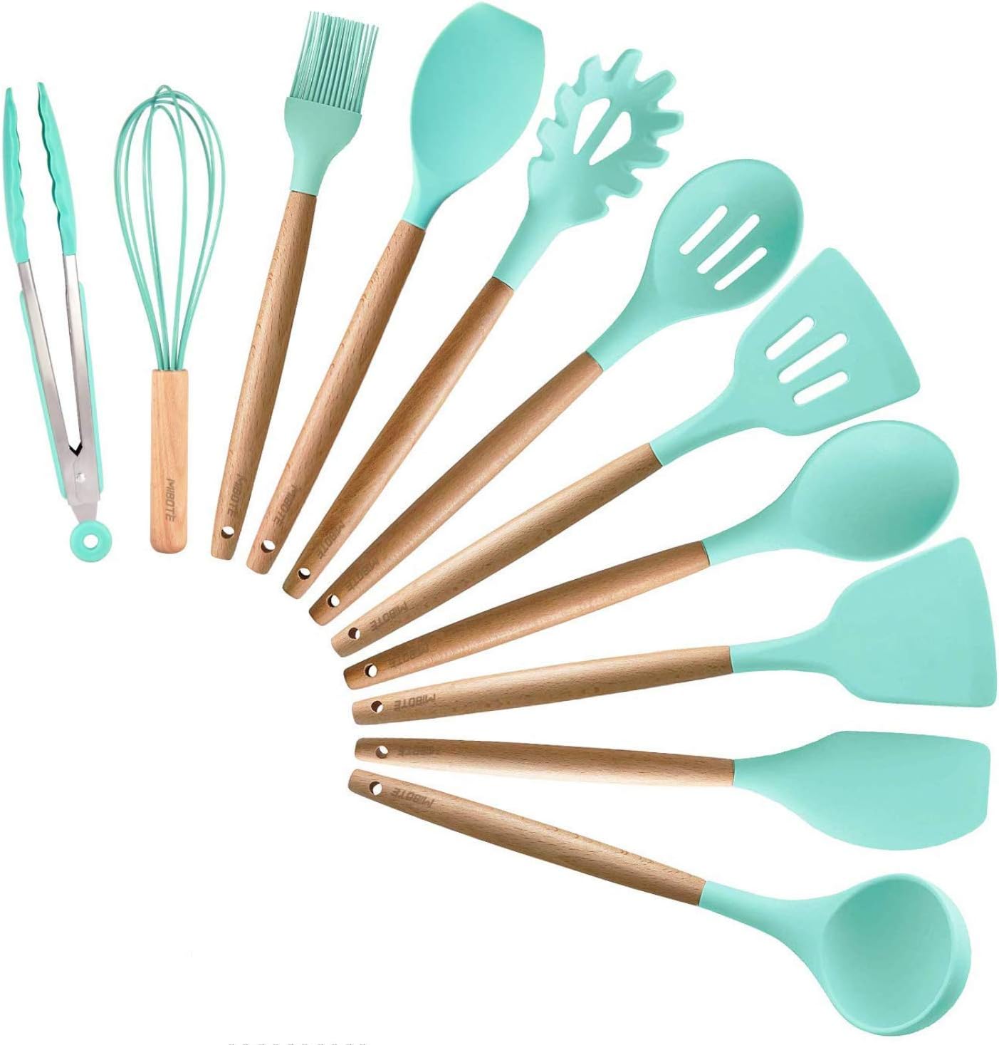 West7 Silicone Cooking Kitchen Utensils Set, Bamboo Wooden Handles Cooking Tool BPA Free Non Toxic Silicone Turner Tongs Spatula Spoon Ladle Kitchen Set for Nonstick Cookware (11 Pc. Mint)