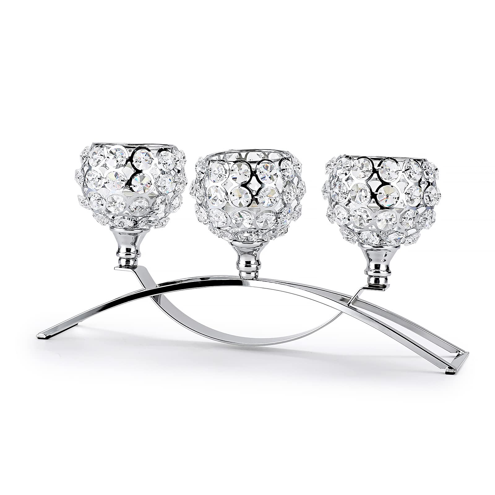 SUMTree 3-Arm Crystal Bowls Tealight Decorative Candelabra Candle Holder for Home Office Wedding Silver