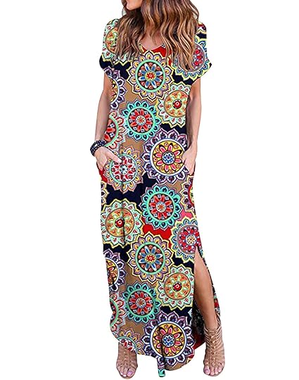 Robe Longue Boheme Plage Fendue Femme Ete Droite Fluide