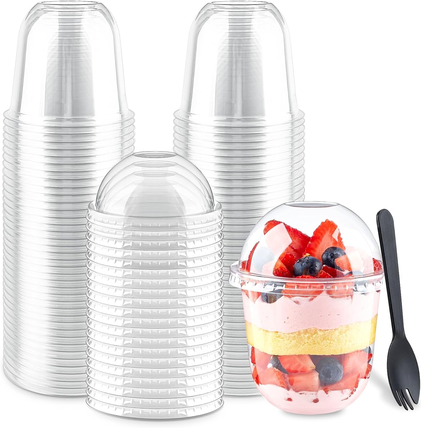 LATERN 50Pcs Plastic Dessert Cups with Dome Lids, 360ml Round Dessert Cups Clear Parfait Appetizer Cup Reusable Serving Bowl with Sporks for Desserts Pudding Mousse Party (9.5cm x 12cm)