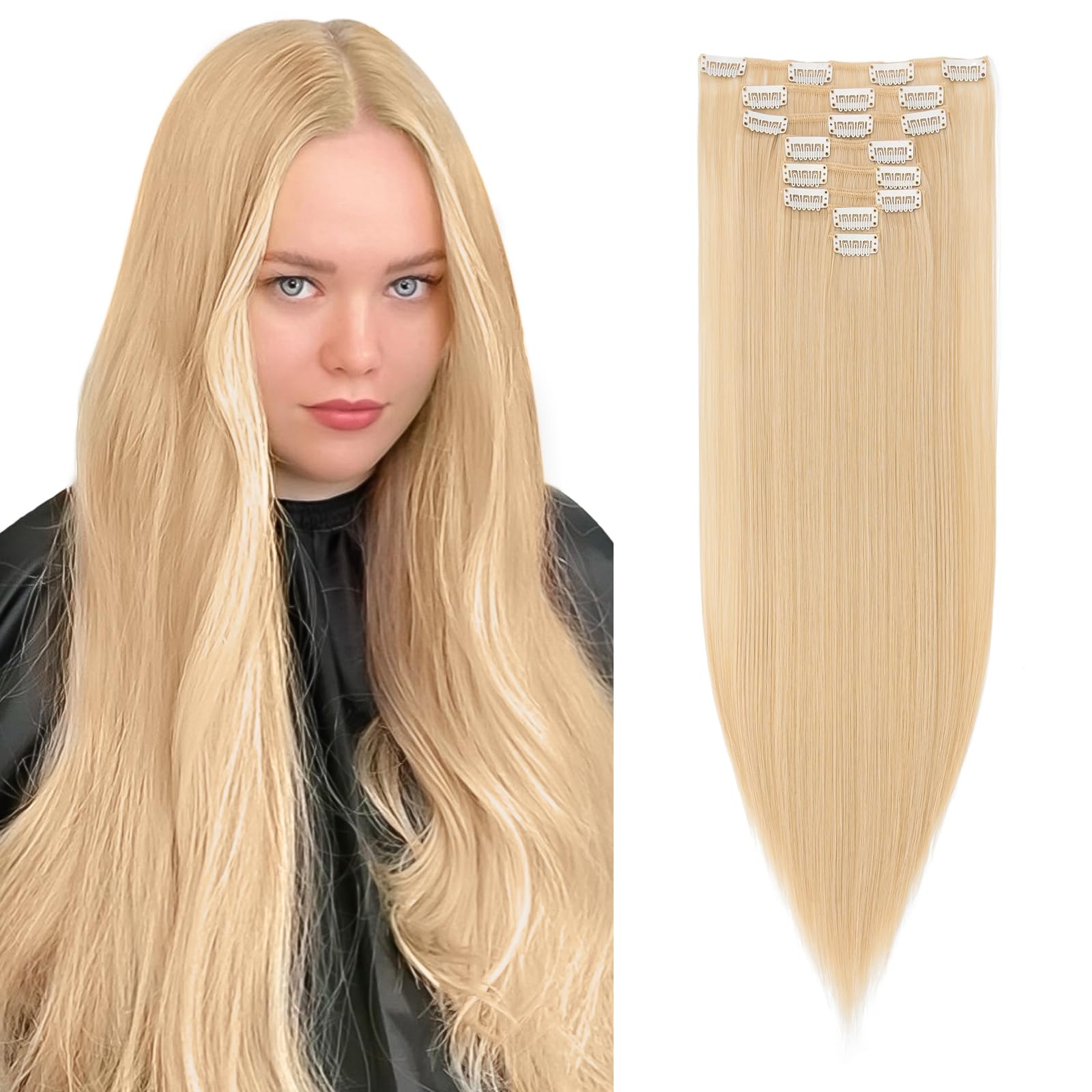 23" Long Straight Clip in Hair Extensions Full Head 8Pcs 18Clips Ombre Colorful Synthetic Hair Clip in Hairpiece Golden mix Bleach Blonde