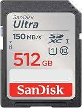 SanDisk 512GB Ultra SDXC Card U1 Class 10 UHS-I 150MB/s Read For Cameras